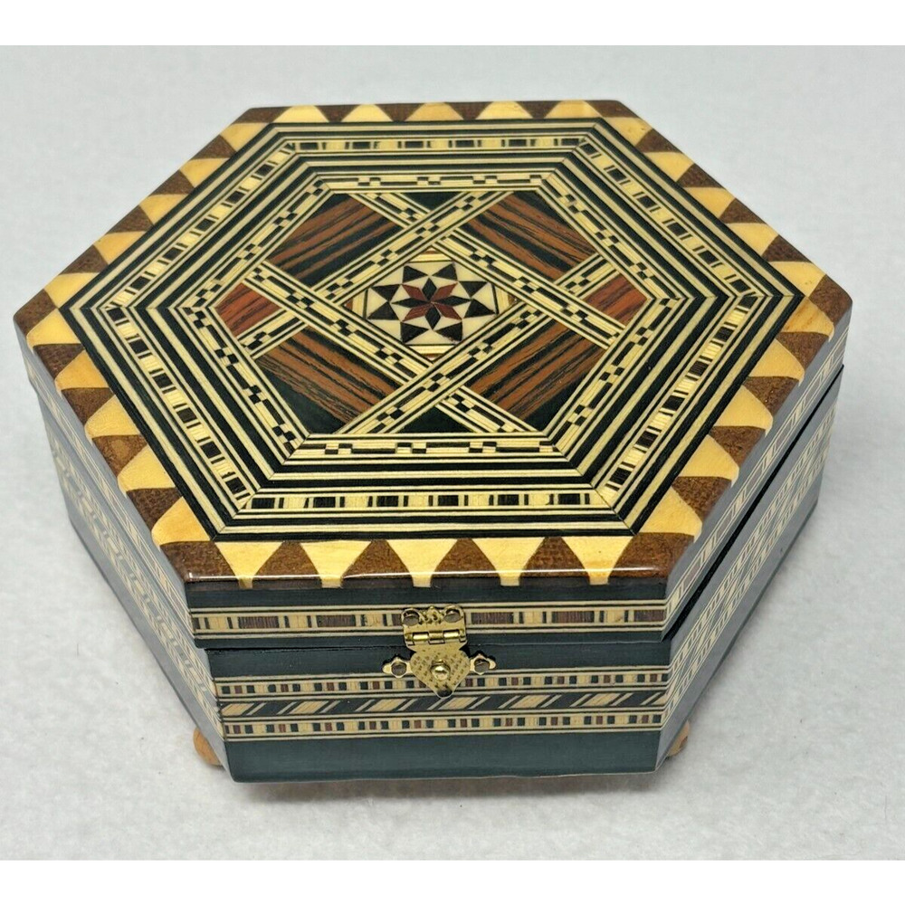 Vintage Hexagon‎ Marquetry Lacquered Mosaic Wood Inlay Jewelry Music Box